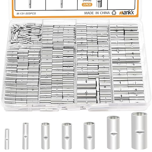 mankk 503PCS Non Insulated Butt Connectors Kit 26-6 Gauge Uninsulated Butt Connector Tinned Red Copper Wire Crimp Connector for Electrical Appliances Cars Boats etc