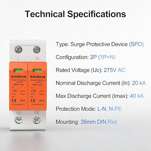 Baomain 2P (1P+N) Surge Protective,275V AC 40kA,BMD1-C40 Single-Phase SPD with Neutral Protection,DIN Rail Mounting,Flame Retardant Housing
