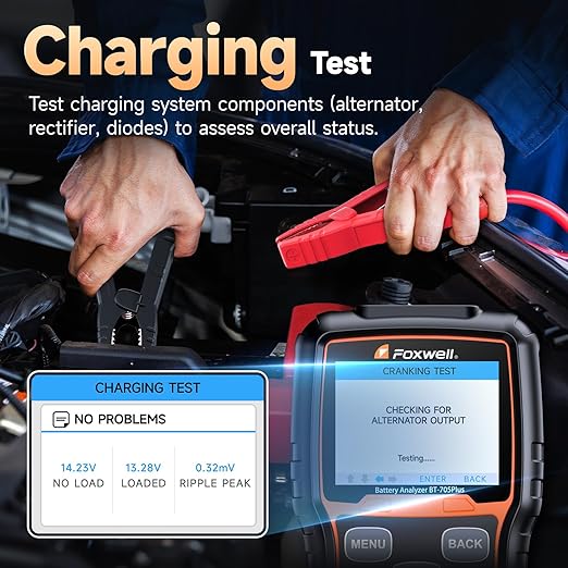 FOXWELL BT705 PLUS Car Battery Tester 24V 12V Load Tester, 100-2000CCA Automotive Alternator Tester Digital Cranking Charging System Tester for Car Truck Marine ATV, Upgraded of BT705