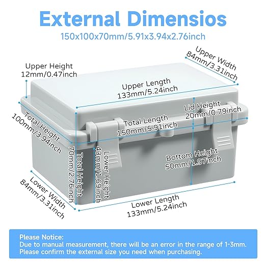 Outdoor Electrical Junction Box Waterproof IP65, Thicken ABS Plastic Project Enclosure Weatherproof with 1 Grid Mounting Plate, 2 Cable Glands, 4 Wall Brackets and 8 Screws (Small: 5.9"x3.9"x2.8")