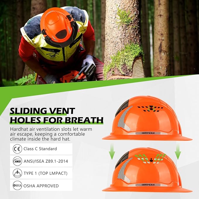 GREEN DEVIL Industrial Chainsaw Helmet with Face Shield Built in Visor and Ear Muffs 4 in 1 System ANSI Z89.1 Safety Hard Hat Adjustable Headgear Ideal for Forestry and Arborist Work Full Brim Style