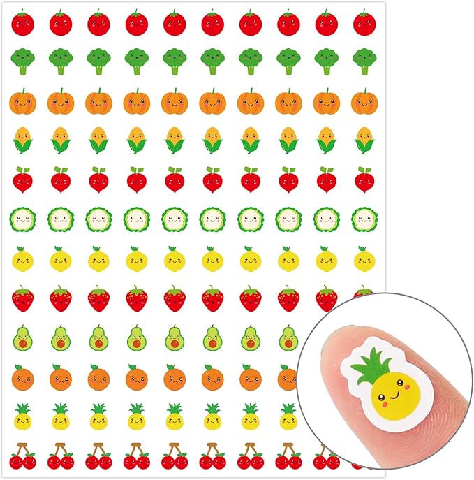 JarThenaAMCS 2400Pcs Mini Fruit Vegetable Sticker Smile Face Paper Decal 12 Cute Designs Adhesive Sticker for Planner Envelope Scrapbook DIY Supplies, 0.5 in