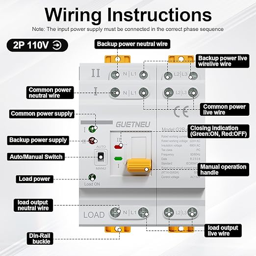 ATS Dual Power Automatic Transfer Switch, 4P 63A 110V Manual Transfer Switch，Uninterruptible Millisecond-Level ATS, 50/60 Hz, White, CE