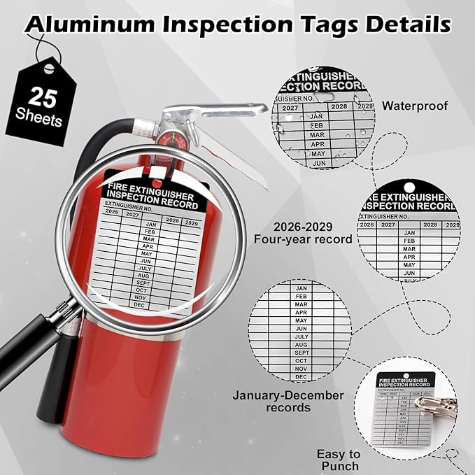 25 Sets Metal Inspection Tags Safety Inspection Tags Fire Extinguisher Inspection Sticker 2.2X3inch Fire Extinguisher Inspection Record Tag 2026-2029 with Handheld Hole Puncher for Indoor Outdoor (25)