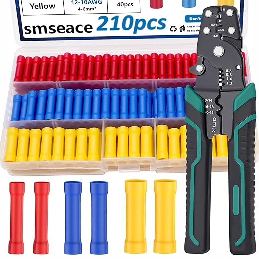 smseace 210PCS Wire Butt connectors with Crimping Tool 22-10AWG Butt Splice Connectors Insulated Electrical Straight Wire Terminal