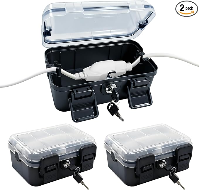 Small Outdoor Electrical Box (Inner 6.7x4x2.5),IP54 Waterproof Extension Cord Cover w/2 Cable Entry Ports,Weatherproof Connection Box for Power Strip,Timer,Plug, Holiday Lights, Black(2pack)