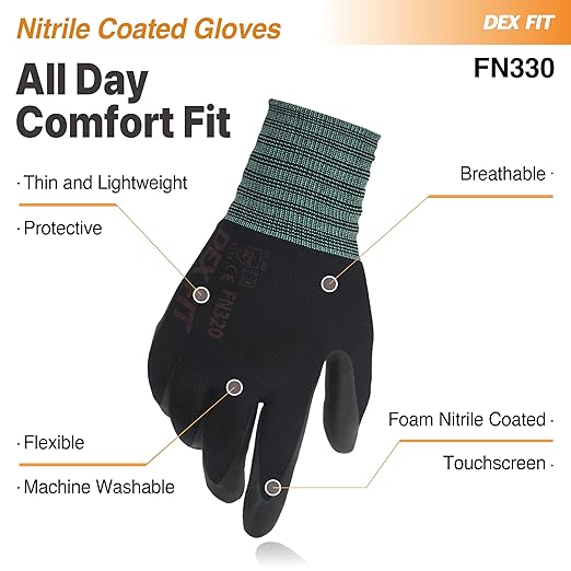 DEX FIT Nitrile Work Gloves FN330, 1 Pair, 3D-Comfort Stretchy Fit, Firm Grip, Thin & Lightweight, Touch-Screen Compatible, Durable, Breathable & Cool, Machine Washable; Black S (7)