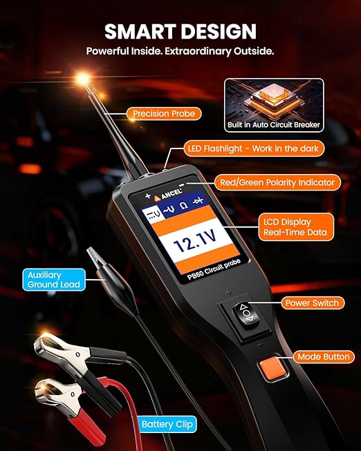 ANCEL PB60 Automotive Circuit Tester, Power Circuit Probe Tool, 12-24V Electrical Short Open Breaker Circuit Finder, AC/DC Current Resistance, Digital Volt Ohm Meter, Activate Component, for 99% Car