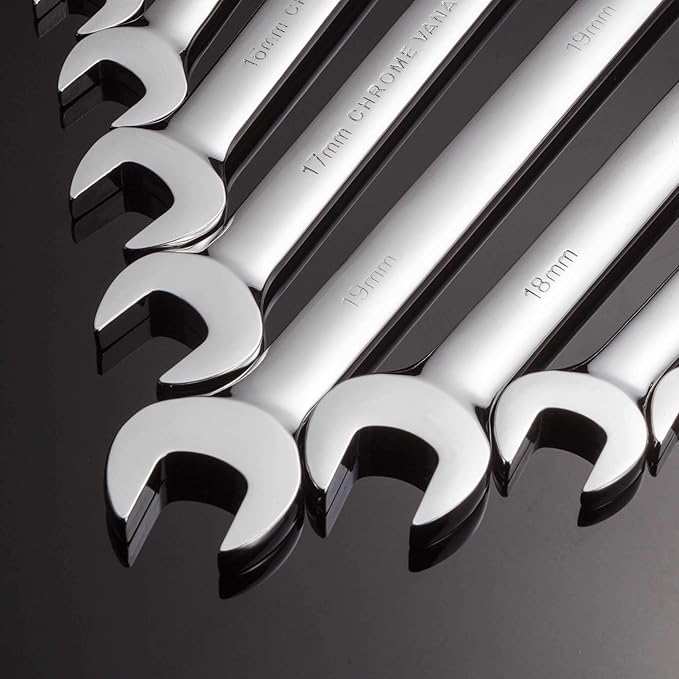 Qnkaa Ratchet Spanner Set Combination Wrench 12 Piece Metric Sizes from 8mm to 19mm with Roll Bag, Perfect for Home, Bike, Car Repairs