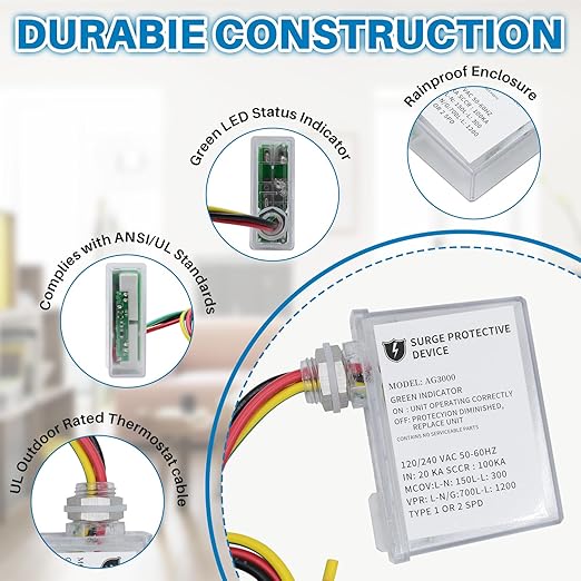 AG3000 120/240 VAC HVAC Surge Protective Device - Surge Protective Device with TPMOV Technology, Watertight Enclosure, L-G, L-L, L-N Three Modes Surge Protection, UL Listed 5 Year Warranty