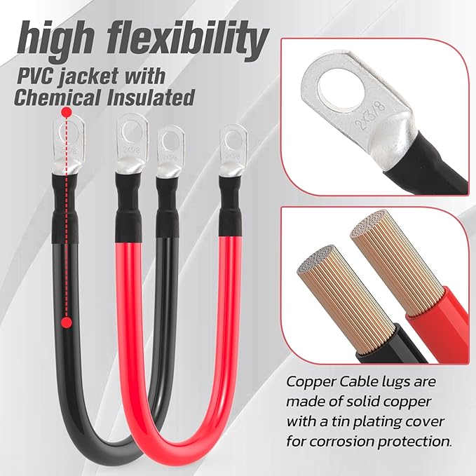 2 AWG Battery Cable 2AWG Gauge Battery Inverter Cables for Automotive Solar Marine Boat RV Car Motorcycle (2 AWG, 1FT, 3/8")