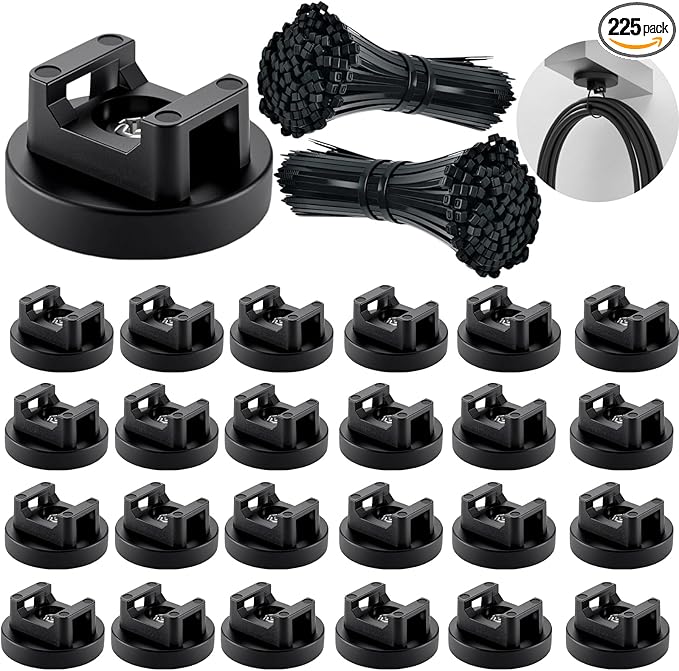 225 Pieces Magnetic Cable Ties Set, 25 Magnetic Zip Tie Mounts with 200 Cable Ties, Strong Wire Holder Cables Management, Multipurpose Electrical Cord Holders Organizer (31mm)