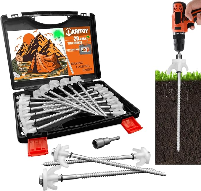 20 Pack Tent Stakes Heavy Duty - 8" Ground Anchors Screw in - Camping Stakes with Grow in The Dark Heads - Metal Threaded Tent Spikes with Hex Head Driver and Storage Box