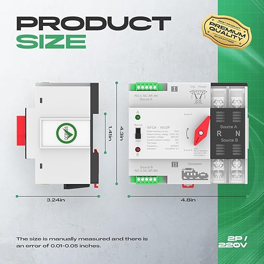Automatic Transfer Switch 100A AC 220V, Dual Power ATS 2P Automatic/Manual Transfer Switch din Rail mounting for Home Generator, RV，Public/Backup Power Supply