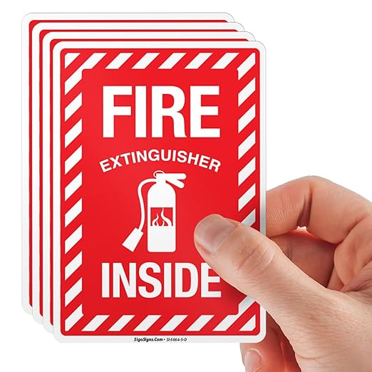 Fire Extinguisher Inside Sign, Fire Safety Sign, (4 Pack) 5x7 Inches, 4 Mil Vinyl Decal Stickers Weather Resistant UV Protected, Made in USA by Sigo Signs