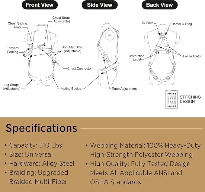 AFP Universal Full-Body Fall Protection Safety Harness with Dorsal D-Ring and Mating Buckle Legs | Roofer, Construction, Scaffolding PPE | High-Visibility Green | Shock Absorbing Lanyard (OSHA/ANSI)
