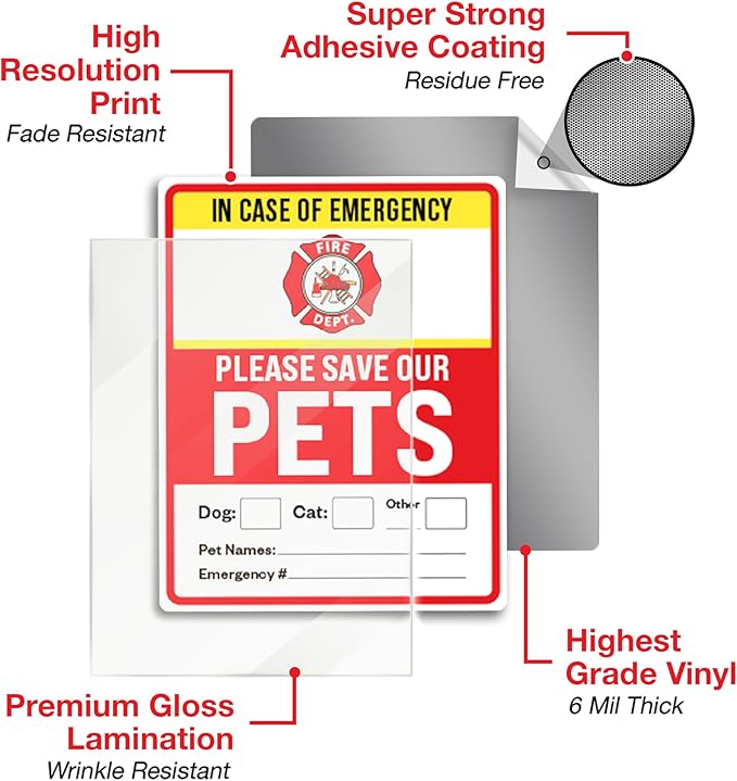 Pet Alert Safety Fire Rescue Sticker, 4" x 5" 6pk - Emergency Pet Inside Decal - in Case of Danger Home Window Door Sign