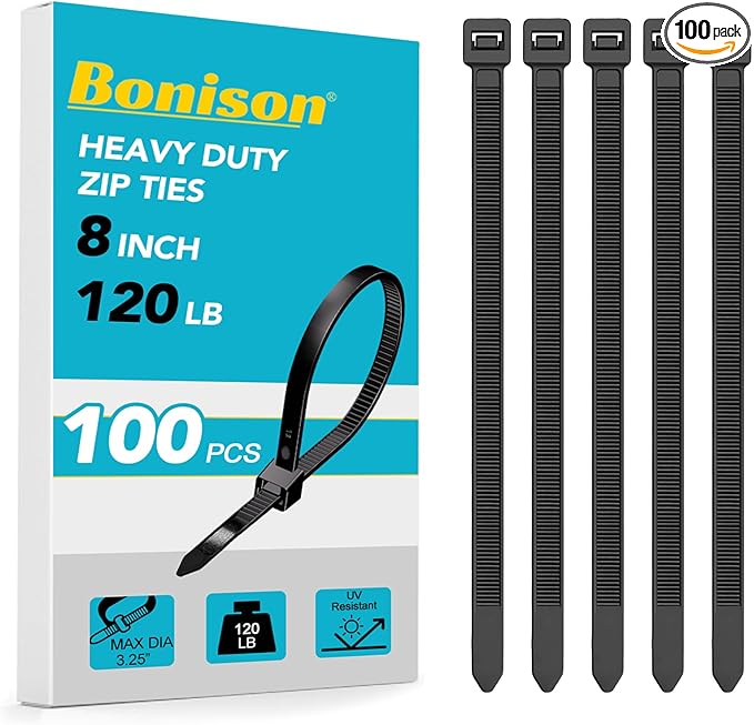 Zip Ties 8 inch Heavy Duty Zip Ties with 120 Pounds Tensile Strength, Black Cable Ties for Multi-Purpose Use, Self-Locking UV Resistant Nylon, 100 Pcs