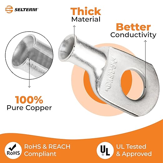 SELTERM 10pcs 6 AWG-3/8" Stud (Wide Pad) Tinned Copper Wire Lugs,Heavy Duty Battery Cable Ends,6 Gauge Ring Terminals,UL Battery Lugs Marine Grade Copper Eyelets Electrical Battery Terminal Connectors