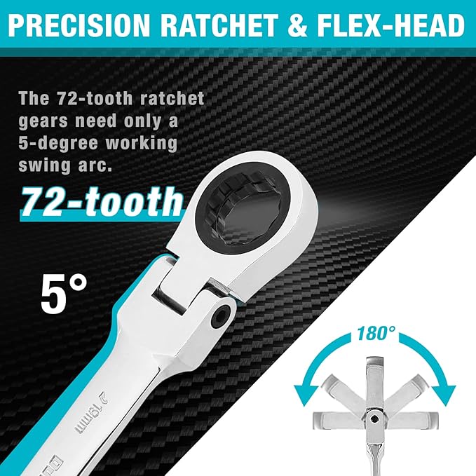DURATECH Flex-Head Double Box End Ratcheting Wrench Set, 7-In-1 Metric Wrench Set, 8-19mm, 72 Tooth Gear, CR-V Steel, with Tool Organizer