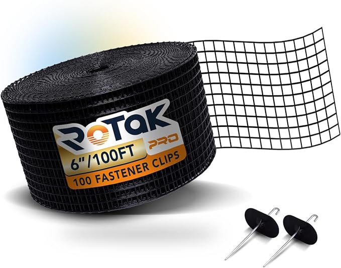 ROTAK Critter Guard PRO - 6in x 100ft Solar Panel Bird Prevention Roll Kit with 100 Fastener Clips - Heavy Duty Galvanized Black PVC Coated ½ inch Wire Roll Mesh (6" PRO + 100 Clips)