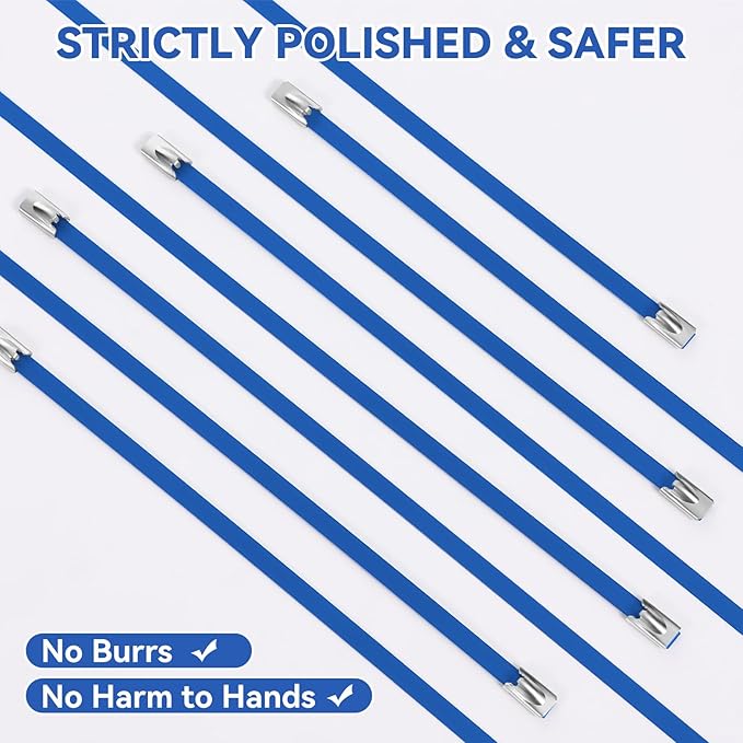 Blue Metal Zip Ties Heavy Duty 11.8 inch for Outdoor Use, Stainless Steel Epoxy Coated Cable Chain Link Fence Zip Ties, Durable Metal Wire Ties Strap UV Resistant