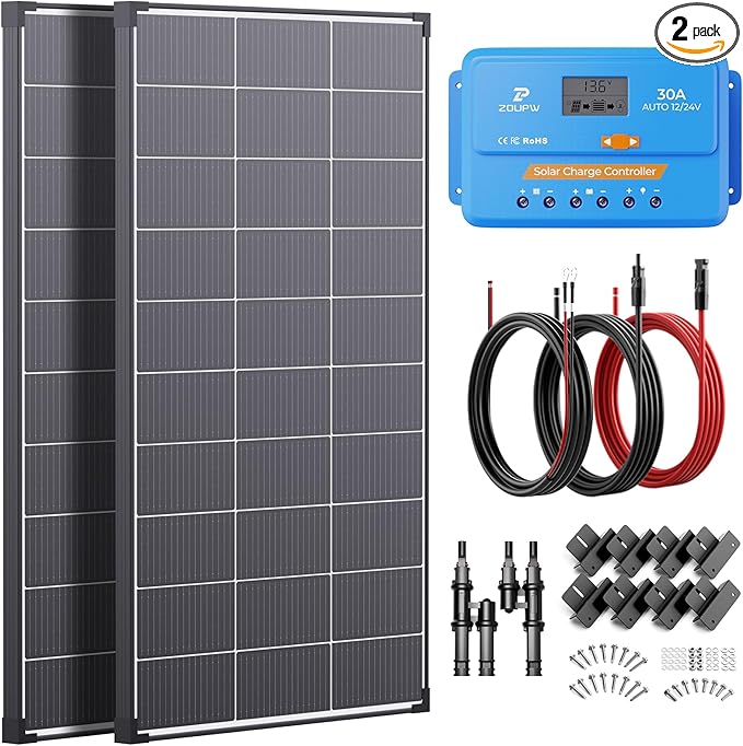 220W N-Type 16BB Solar Panel Kit(2 * 110W) with 30A PWM Charge Controller,25% High Efficiency Mono Offgrid Power System for 12V/24V Battery,11AWG Cables Y-connectors for RV Boat Camper Cabin