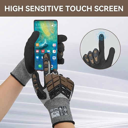 Safety Work Gloves, Impact Gloves for Men Women, Cut Resistant Non-Slip Heavy Duty Gloves with Nitrile Grip, Touch Screen Glove with Impact Protection for Mechanic Construction, Large, Brown