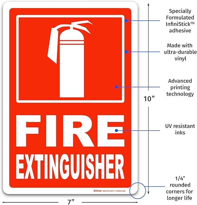 Brimar - 7" x 10" - Fire Extinguisher Sign - 3.5 Mil InfiniStick™ Vinyl Label - Clear Identification - Easy Installation