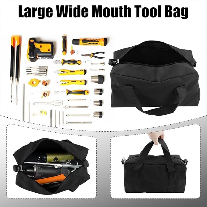 Small Tool Bag,Close Top Wide Mouth Tool Organizer Bag,Large Capacity Tool Bags for Men,Canvas Tool Storage Bag for Storage Handbag for Screwdrivers,Wrench (Shoulder strap+Black, 18 Inch)