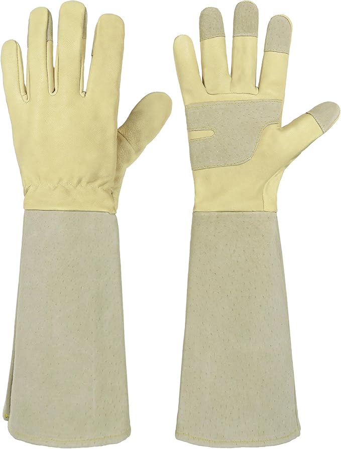 HANDLANDY Rose Pruning Gardening Gloves for Men Women, Thorn Proof Forearm Protection Leather Garden Gloves, Gardening Gifts for Gardeners (Vanilla, X-Large)