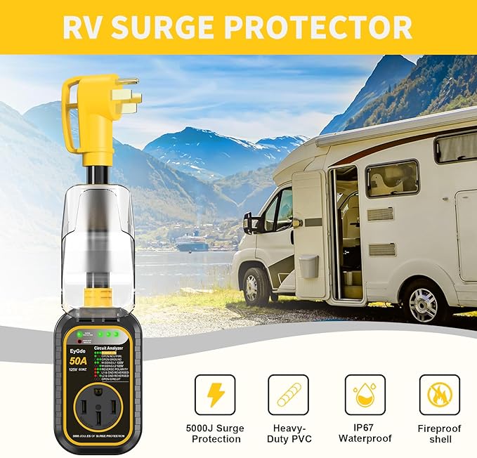 EyGde RV Surge Protector 50 Amp, RV Circuit Analyzer with Waterproof Cover, RV Accessories Power Voltage Protection Guard for Camper Travel Trailers