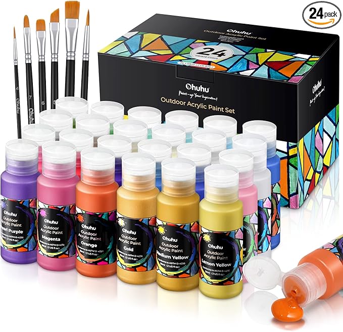 Ohuhu Outdoor Acrylic Paint for Metal, 24 Colors Paint Set, 2 oz./60ml Bottles for Artist, Beginners 18 Basic& 6 Metallic Acrylic Paints with 6 Brushes for Drawing, Waterproof Rich Pigments on Garden Statues, Woods, Rocks, Canvas, Glass, Fabrics, Last ...