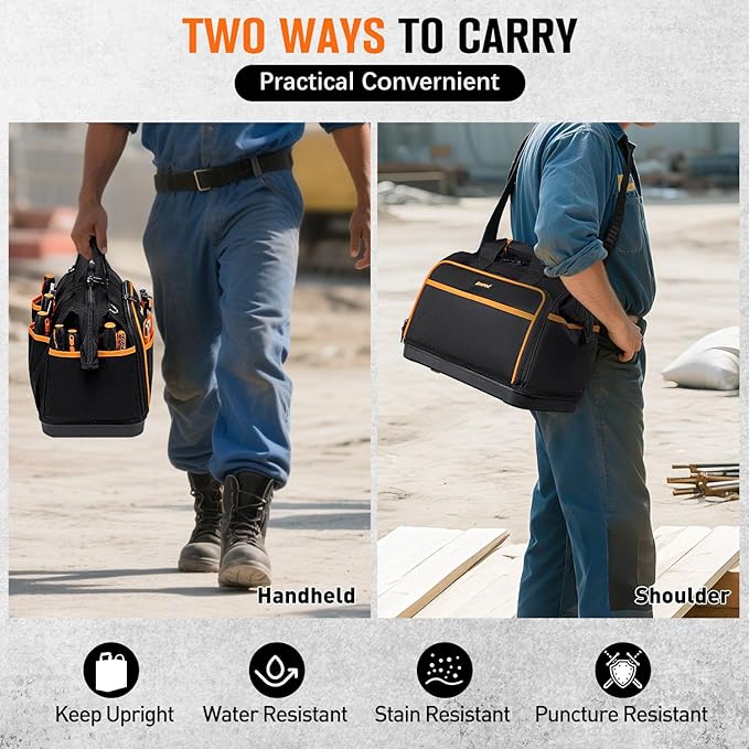 Electrician Tool Bag 17-Inch, 26-Pocket Large Tool Bags for Men Women with Waterproof Hard Bottom & Adjustable Shoulder Strap, Tool Bag Organizer for HVAC Craftsman Contractor Carpenter Electrician