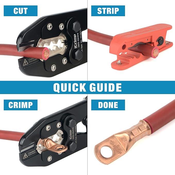 iCrimp Battery Cable Lug Crimping Tool Kit for 8, 6, 4, 2, 1,1/0, 2/0, 3/0, 4/0 AWG Copper Ring Terminals, Battery Cable Ends, Copper Splice, c/w Radial Wire Stripper