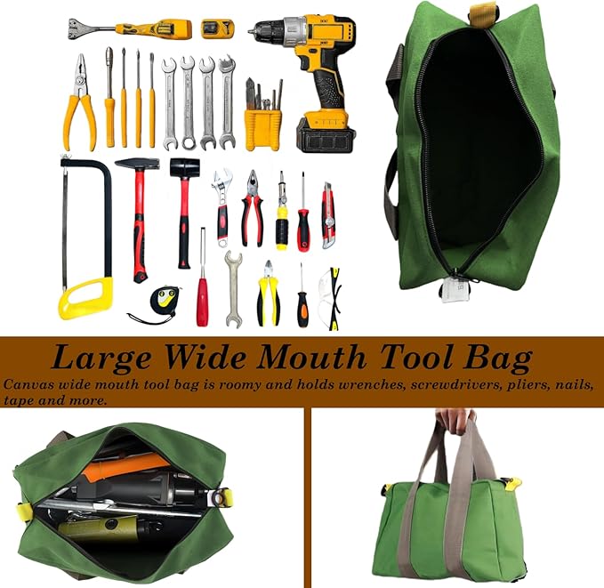 Canvas Wide Mouth Tool Bag, Large Capacity Tool Bags for Men, Portable Home Tool Organizer for Storage Handbag for Screwdrivers, Wrench, Plier, Nails, Pliers Repair Hand Tools (Green-16 Inch)