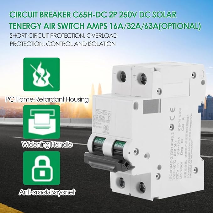 Walfront 2P 250V Low Voltage DC Miniature Circuit Breaker for Solar Panels Grid System Din Rail Mount C65H-DC Breaker DC Circuit Amp Solar Double Pole (32A)