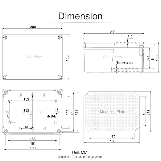 QILIPSU Junction Box with Mounting Plate 200x150x100mm, ABS Plastic DIY Electrical Project Case IP67 Waterproof Dustproof Enclosure Grey (7.9"x5.9"x3.9")