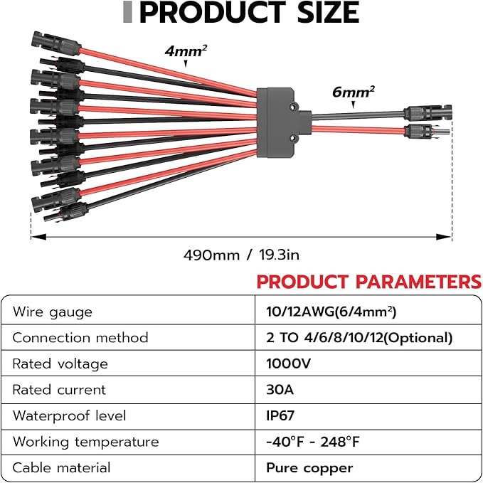 1 Pair Solar Panel Connectors Y Branch 2 to 12,Solar Parallel Connectors for 2-6 Solar Panels,10AWG Solar Y Connector PV Tool Kit