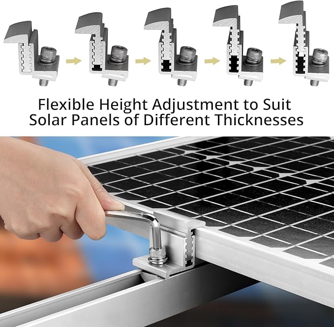 Anbte Solar Panel Mounting Brackets 30-50mm Adjustable, 10pcs Aluminum Solar Panel End Clamp Include 10*Screw M8 and 1*Wrench, Solar Mount Kit for Metal Roof, Tin Roof, Flat Roof, Sheet Roof, Silver