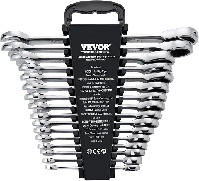 VEVOR Combination Wrench Set, 16-Piece Ratcheting Wrench Set with Organizer Rack, Cr-V Steel, Metric 8 mm to 24 mm, Ideal for General Household, Garage, Workshop, Auto Repairs, Emergency
