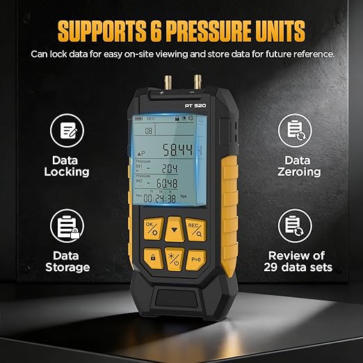 PT520 Manometer Gas Pressure Tester,Dual-Port HVAC Digital Manometer with Range of -100 to 200 KPa, 7 Units, Data Locking & Storage, 7Adapters,Backlit Display Screen