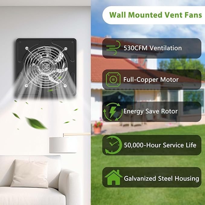 8 Inch Exhaust Fan,530CFM Kitchen Exhaust Fan with Speed Controller,110V 80W Wall Mounted Vent Fans with Damper for Shop, Smoking Room, Industrial Ventilation Use (8-inch Black)