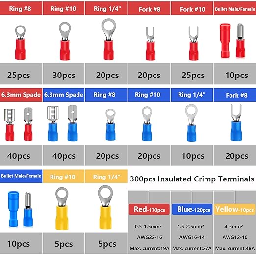 smseace 300pcs 19 Values Electrical Crimp Connectors with Crimping tool spade connector kit Fork Spade Butt Ring Bullet Crimp Connectors