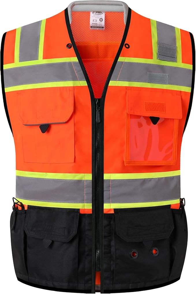JKSafety Hi-Vis Unisex Surveyor Safety Vest Heavy Duty PPE Inner Pockets ANSI/ISEA Compliant