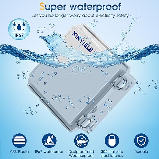 Waterproof Outdoor Project ABS Plastic Junction Box IP67 Weatherproof Dustproof Enclosure with Hinged Cover, Mounting Plate,Wall Brackets for Power Project (5.9"X5.9"X3.5")
