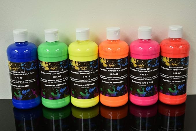DirectGlow 16oz UV Blacklight Reactive Fluorescent Acrylic Paints (6 Color Neon Assortment)