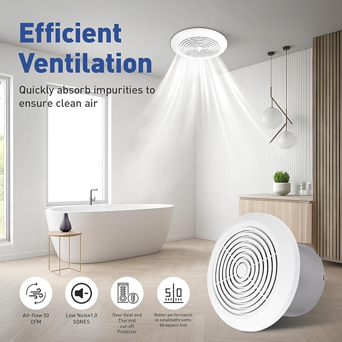 V2262-50 7 Inch Bathroom Exhaust Fan,1.0 Sones,50 CFM,7" Ceiling Exhaust Fan, for 8 Inch Rough-in Opening, Mobile Home Exhaust Ventilation Fan, Suit for Bathroom, Laundry Room, Kitchen & Garage