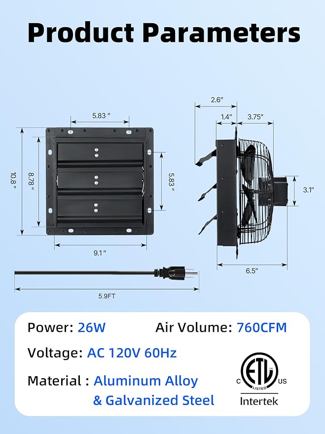 8 Inch Shutter Exhaust Fan, 760 CFM High-Speed Wall Mounted Exhaust Fan, 40dB Quiet Cooling Ventilation Attic Fan for Shed, Garage, Greenhouse, Basement, Chicken Coop, Generator Room, Black