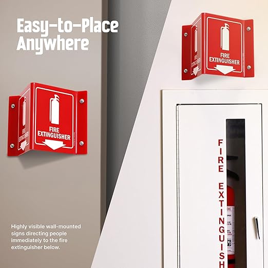 SmartSign (4-Pack) Fire Extinguisher Projecting Sign with Down Arrow - 5" x 6", Two-Sided Wall Mount Polished Acrylic Corridor V-Sign, White on Red